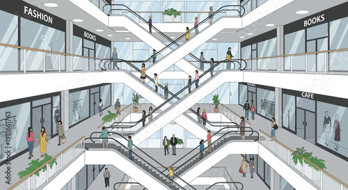 Busy shopping mall interior with escalators and diverse shoppers in modern retail stores.