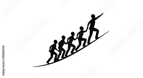 People climbing a steep upward curve together demonstrate the spirit of collective advancement and the persistence required to achieve high-reaching organizational or personal growth objectives.