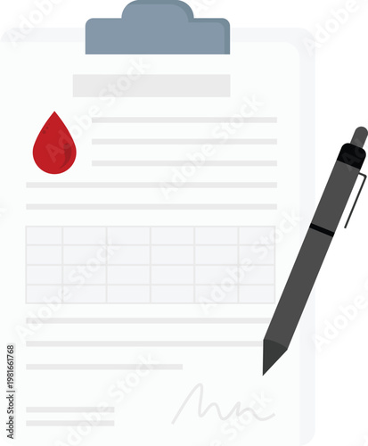 Flat vector illustration of a medical clipboard with a blood test report or donation form and a black pen. The document features a prominent red blood drop icon, data tables, and a signature line.