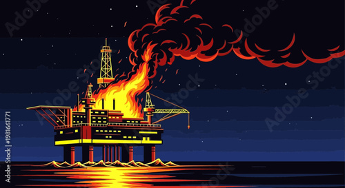 Burning oil rig at night, disaster, explosion, fire, offshore platform, dark sea, smoke