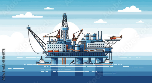 Offshore Oil Rig Platform with Helicoper and Supply Boats in Blue Ocean