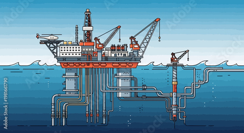 Offshore oil rig platform with underwater pipelines and drilling operation
