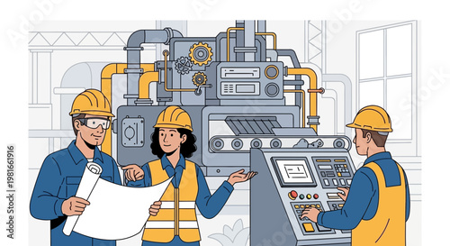 Diverse team of engineers and technicians working in a modern factory with machinery.