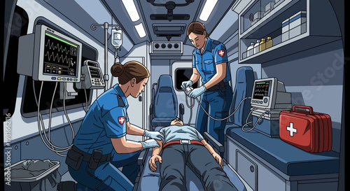 Paramedics treat patient inside ambulance with medical equipment and monitors