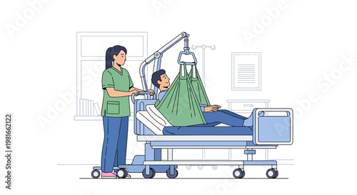 Nurse Assisting Patient with Electric Hoist Lift in Hospital Room