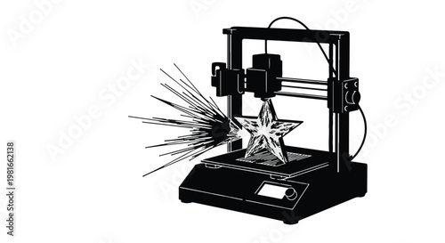 Three-dimensional printer fabricates a star-shaped object while emitting energetic sparks to represent the innovative manufacturing processes transforming modern product development and prototyping.