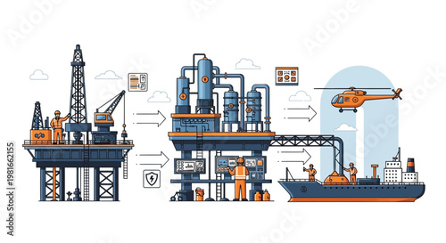 Offshore Oil Rig, Processing Platform, and Cargo Ship with Helicopter