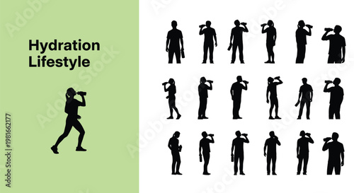 Vector illustration of diverse people silhouettes maintaining a healthy hydration lifestyle by drinking water from bottles.