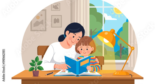Mother Reading Book to Child at Desk with Lamp, Sunny Day Window View