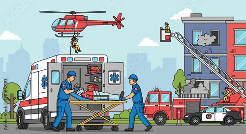 Emergency services responding to disaster scene with ambulance, helicopter, fire truck, police car