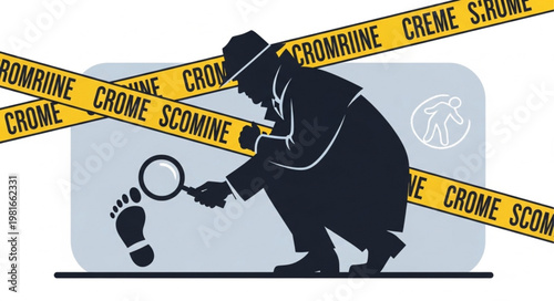 Detective Investigating Footprint at Crime Scene with Magnifying Glass.