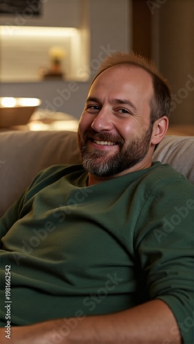 Man in a green sweater smiling while seated on a couch, likely in a home setting.