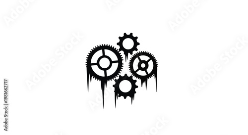 Gears interlocked in a complex mechanical formation display a unique dripping effect that symbolizes industrial decay, broken processes, or the challenges of aging machinery systems.