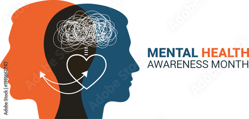 Mental health awareness month concept with human head profiles and a tangled knot representing psychological stress