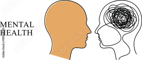 Conceptual illustration of mental health, contrasting a clear, calm mind with a chaotic, tangled thought process in two profiles.