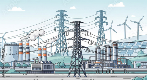 Diverse Energy Sources - Power Plant, Wind Turbines, and Transmission Towers.
