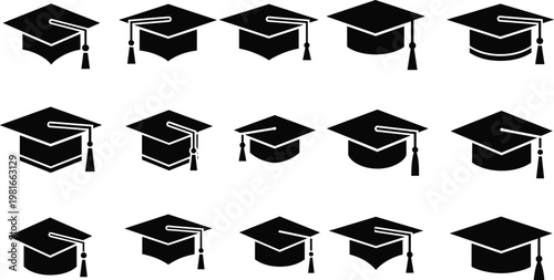 Collection of fifteen black graduation caps with tassels, representing academic achievement, higher education, and graduation ceremonies.