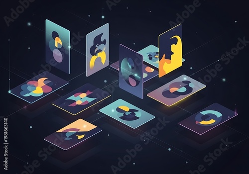 Abstract Digital Panels Floating in Space with Colorful Portrait Shapes
