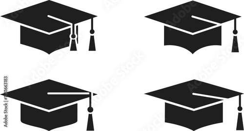 Collection of four graduation caps with tassels, representing academic achievement and higher education.