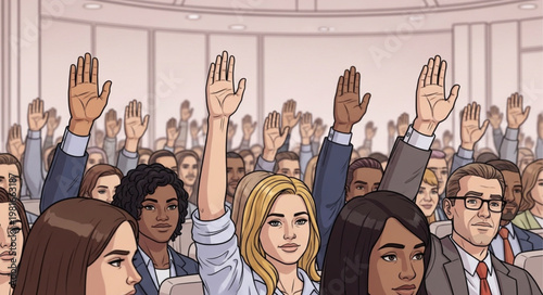 Diverse Group Raising Hands in Agreement at a Meeting.