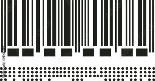 Barcode label components combine vertical bar sequences with uniform dot grids for advanced electronic product scanning.