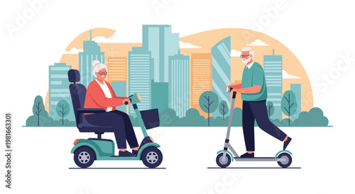 Active senior couple enjoying their retirement by riding electric mobility scooters through a landscaped city park under a warm sunset sky.
