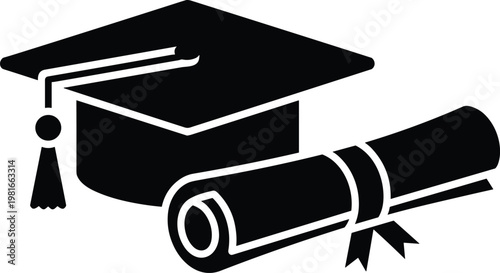Graduation cap and diploma scroll, symbolizing academic achievement, education, and the completion of studies, presented in a clean vector graphic.