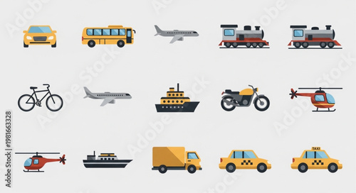 Diverse Transportation Icons - Cars, Buses, Planes, Trains, and More.