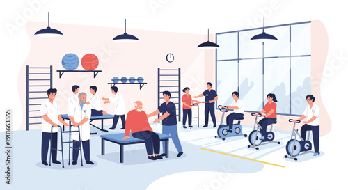 Patients undergoing physical therapy and rehabilitation in a medical gym with specialized equipment and professional healthcare assistants.