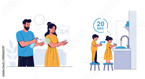 Importance of personal hygiene illustrated through hand sanitizing and washing hands for twenty seconds to maintain good health.