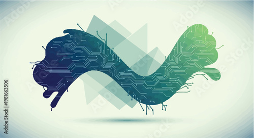 Circuitry hand gesture illustrates the fusion of human interaction with digital technology through a stylized schematic design representing modern connectivity and advanced computing software.