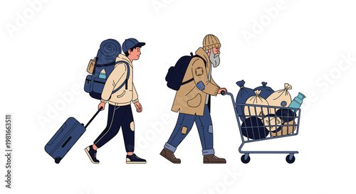 Social inequality concept showing a young traveler with a suitcase walking past a homeless man pushing a shopping cart full of belongings.