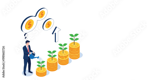 Businessman in a suit watering plants growing from stacks of gold coins to symbolize wealth accumulation and long term investment success.