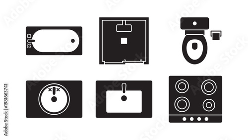 Bathroom and kitchen appliance floor plan icons for interior design, architecture blueprints, and home renovation layout planning