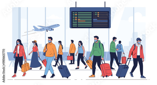 Travelers wearing protective face masks and carrying luggage while walking through a busy airport terminal near a flight information board.