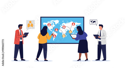 Diverse team of experts analyzing global logistics and communication nodes on a large digital world map display in a modern office setting.
