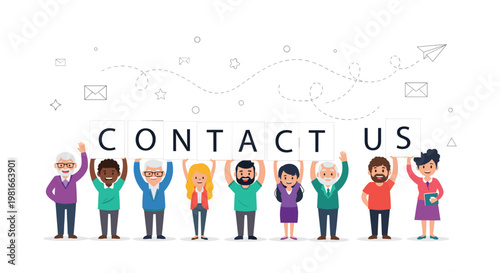 Diverse group of smiling people standing in a row while holding up white signs that spell out the phrase contact us for customer service.