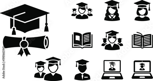 Collection of graduation icons including caps, diplomas, open books, and students, representing education and academic success.