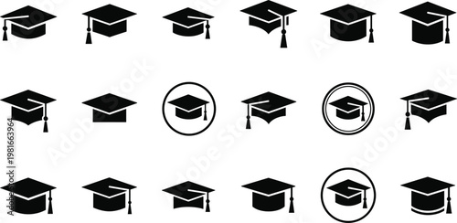 Set of black and white vector icons representing graduation caps in various styles and orientations, signifying academic accomplishment.