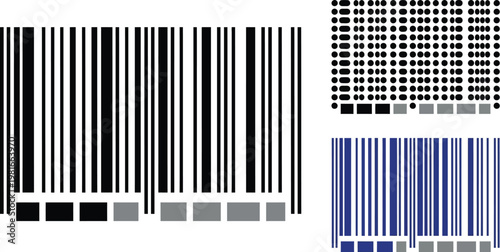 Barcodes show multiple vertical line configurations paired with organized pixelated dot matrix patterns.