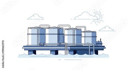 Offshore Oil Rig Industrial Storage Tanks with Blue Water and Clouds