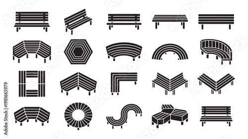  Park bench silhouette icon set in diverse configurations for landscape architecture, urban furniture planning, and public space design