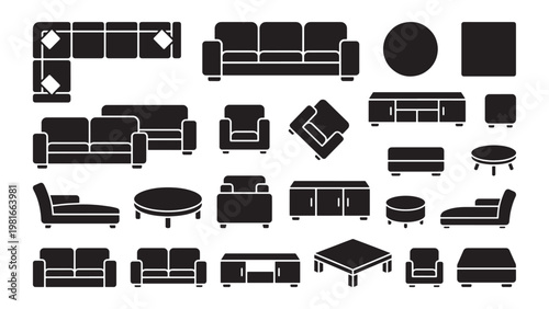  Living room furniture silhouette icon set for interior design floor plans, home staging layouts, and residential architecture blueprints