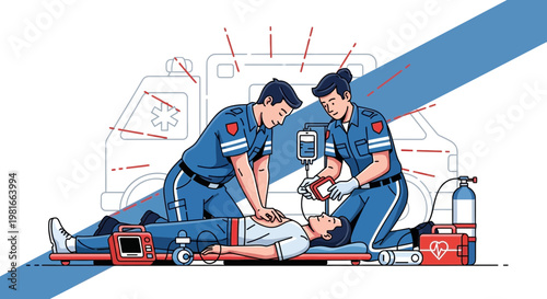 Paramedics performing CPR on patient with ambulance background, emergency medical care illustration