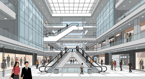 Modern Shopping Mall Interior with Escalators and People