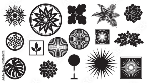Decorative botanical and geometric top view plant icons for landscape architecture plans, garden design, and ornamental graphic projects