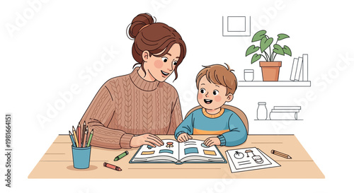 Mother and Son Learning Together, Reading Book at Table with Pencils and Plants