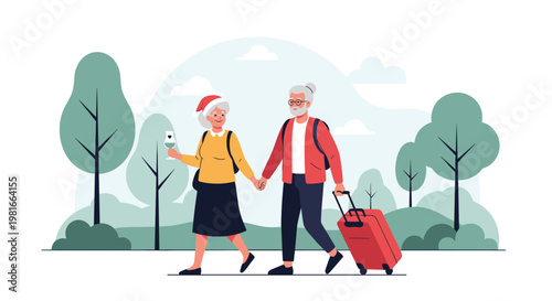 Happy senior couple with a red suitcase and a Christmas hat walking through a park during their winter holiday travel and retirement trip.