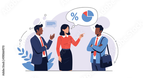 Businesswoman presenting a pie chart and financial statistics to two attentive male colleagues in a modern office with abstract backgrounds.