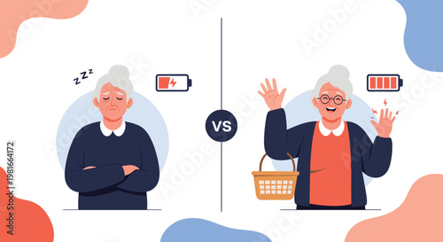 Side by side comparison showing an elderly woman with low battery energy while tired and high battery energy while active and happy.